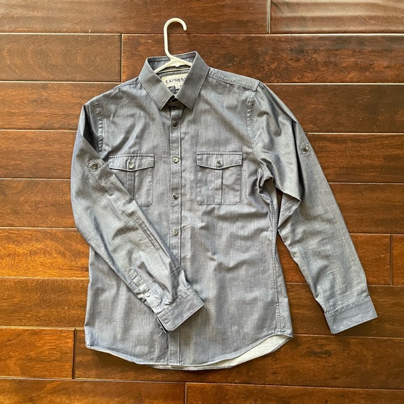 Express Size Medium Button Dress Shirt 15-15 1/2 Slate Blue Extra Slim Fit - Picture 2 of 9